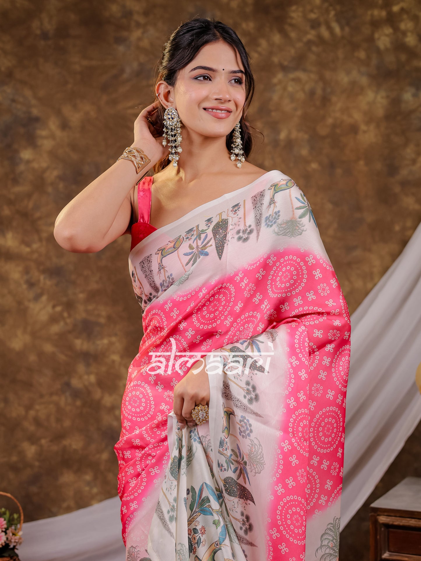 Vantara Hot Pink Satin Chiffon Printed Saree with Botanical Nature Print, Designer Tassel Pallu & Matching Blouse Piece