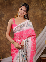 Vantara Hot Pink Satin Chiffon Printed Saree with Botanical Nature Print, Designer Tassel Pallu & Matching Blouse Piece