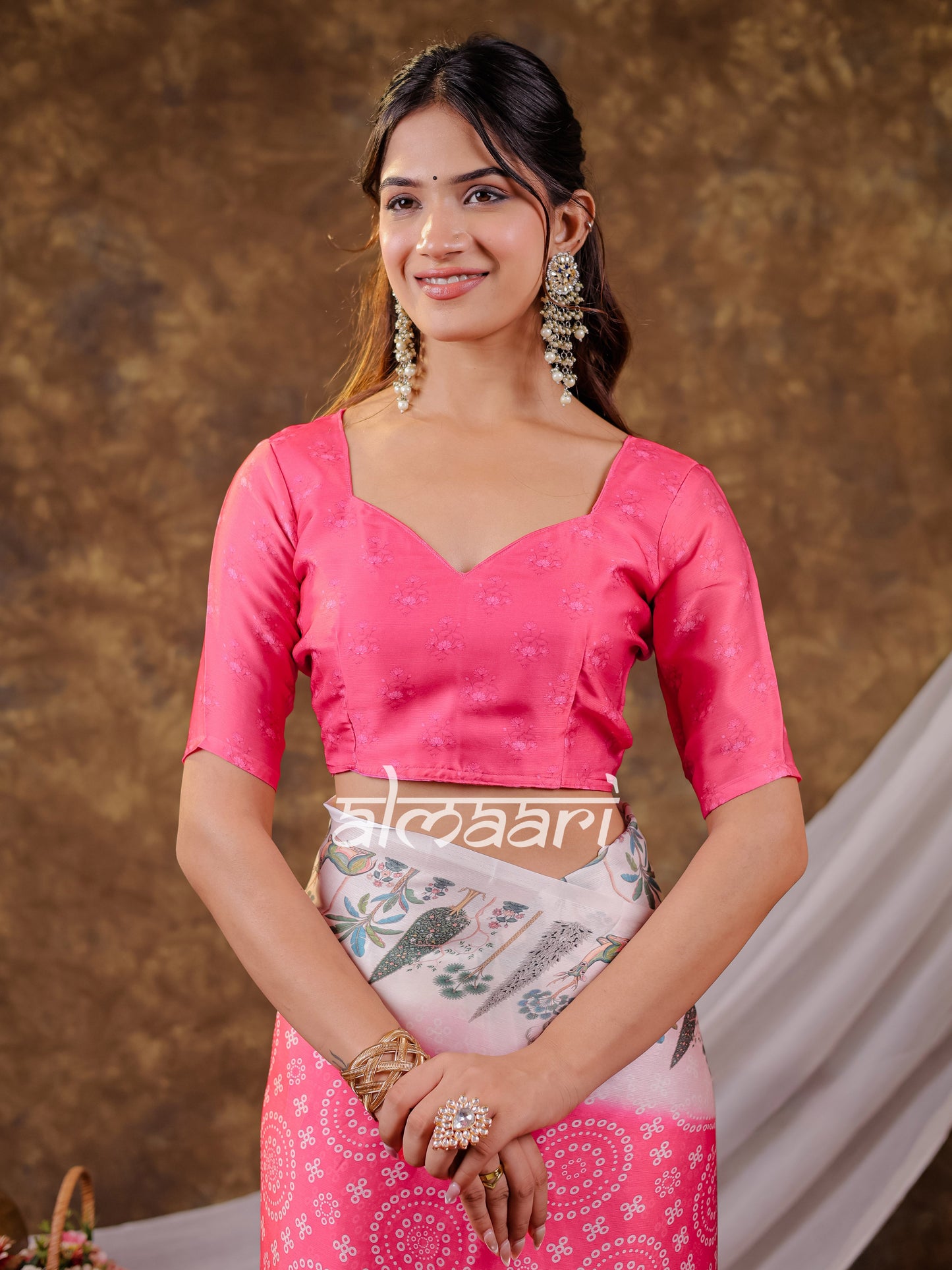Vantara Hot Pink Satin Chiffon Printed Saree with Botanical Nature Print, Designer Tassel Pallu & Matching Blouse Piece