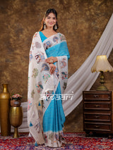Vantara Turquoise Blue Satin Chiffon Printed Saree with Elephant & Peacock Heritage Print, Designer Tassel Pallu & Matching Blouse Piece