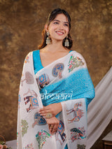 Vantara Turquoise Blue Satin Chiffon Printed Saree with Elephant & Peacock Heritage Print, Designer Tassel Pallu & Matching Blouse Piece