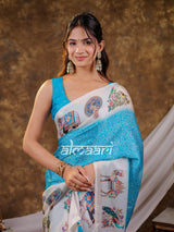 Vantara Turquoise Blue Satin Chiffon Printed Saree with Elephant & Peacock Heritage Print, Designer Tassel Pallu & Matching Blouse Piece