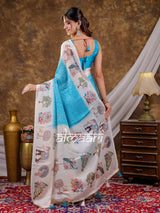 Vantara Turquoise Blue Satin Chiffon Printed Saree with Elephant & Peacock Heritage Print, Designer Tassel Pallu & Matching Blouse Piece