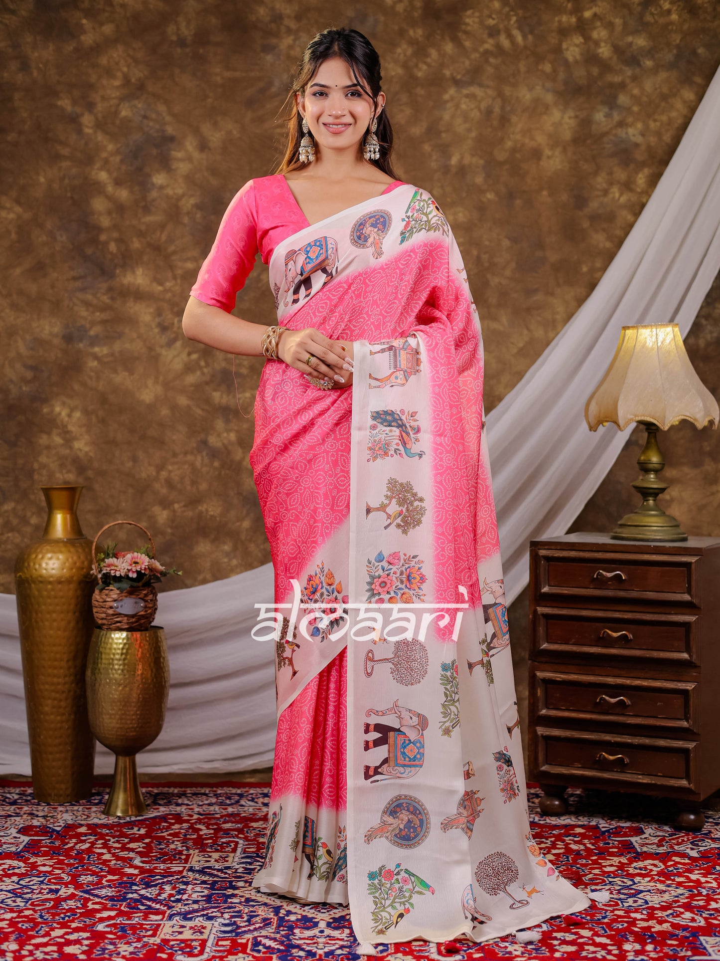 Vantara Pink Satin Chiffon Printed Saree with Royal Elephant & Peacock Heritage Print, Designer Tassel Pallu & Matching Blouse Piece