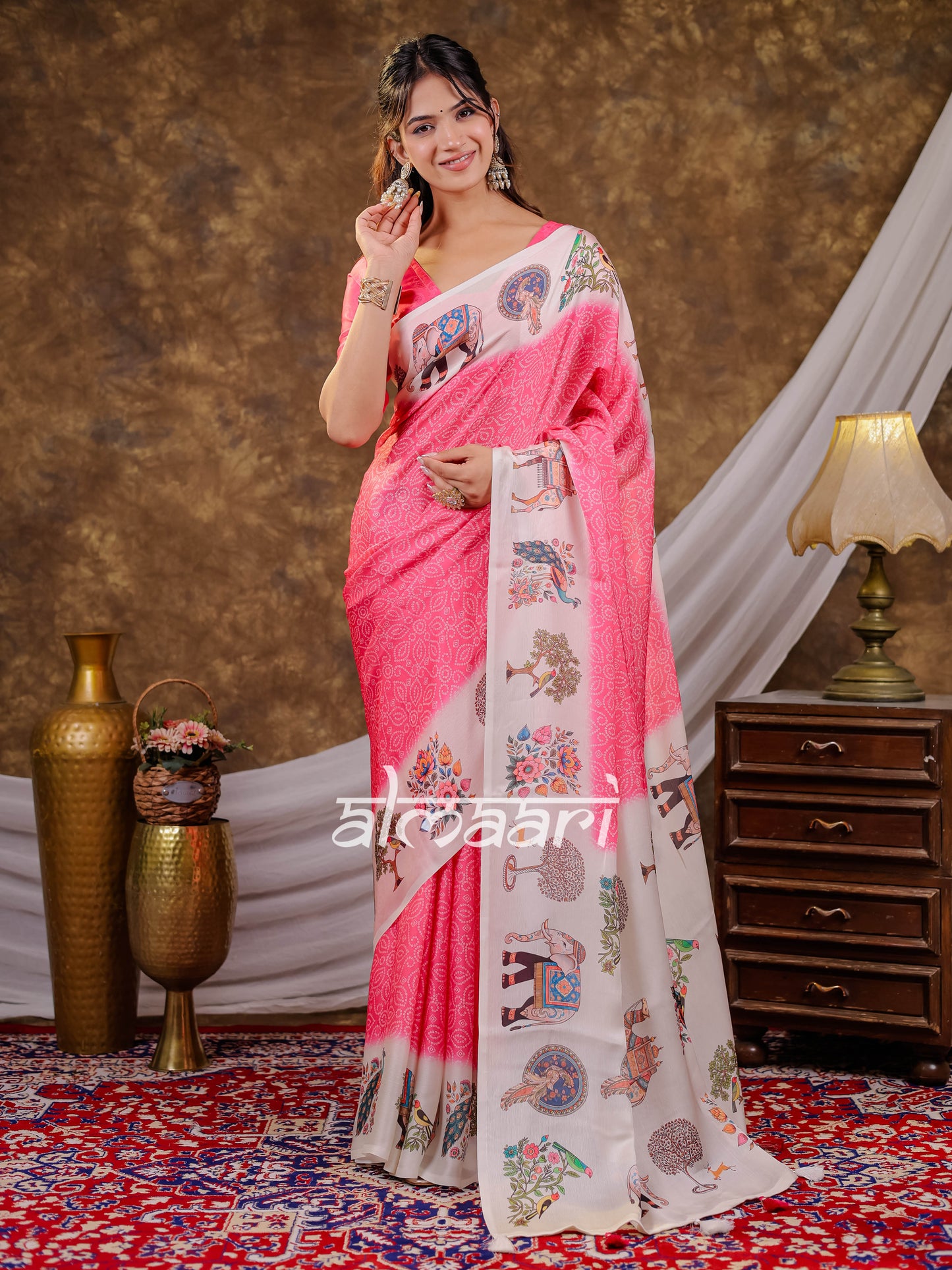 Vantara Pink Satin Chiffon Printed Saree with Royal Elephant & Peacock Heritage Print, Designer Tassel Pallu & Matching Blouse Piece