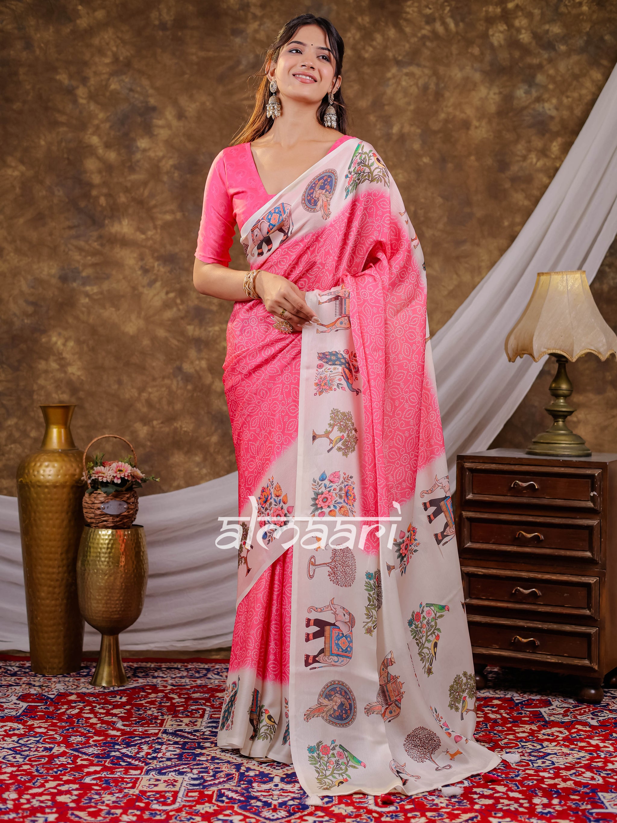 Vantara Pink Satin Chiffon Printed Saree with Royal Elephant & Peacock Heritage Print, Designer Tassel Pallu & Matching Blouse Piece