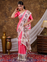 Vantara Pink Satin Chiffon Printed Saree with Royal Elephant & Peacock Heritage Print, Designer Tassel Pallu & Matching Blouse Piece