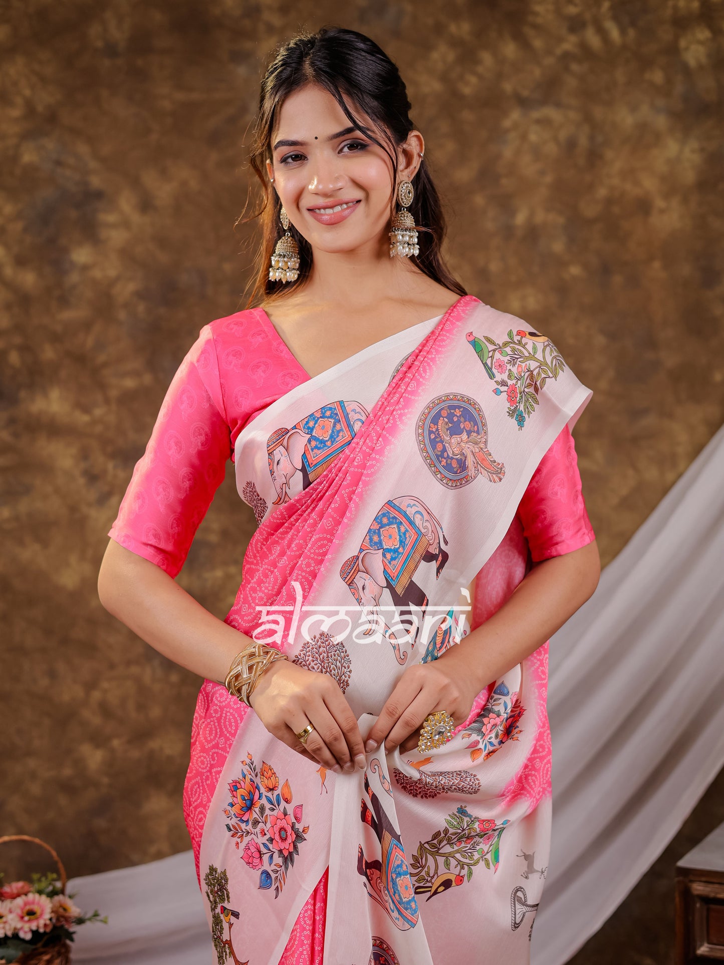 Vantara Pink Satin Chiffon Printed Saree with Royal Elephant & Peacock Heritage Print, Designer Tassel Pallu & Matching Blouse Piece