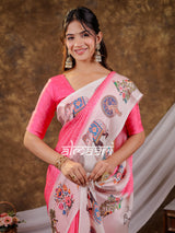 Vantara Pink Satin Chiffon Printed Saree with Royal Elephant & Peacock Heritage Print, Designer Tassel Pallu & Matching Blouse Piece