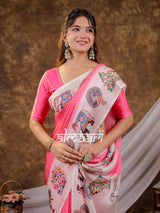 Vantara Pink Satin Chiffon Printed Saree with Royal Elephant & Peacock Heritage Print, Designer Tassel Pallu & Matching Blouse Piece