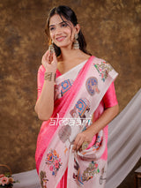 Vantara Pink Satin Chiffon Printed Saree with Royal Elephant & Peacock Heritage Print, Designer Tassel Pallu & Matching Blouse Piece
