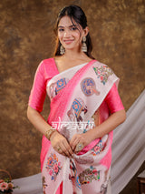 Vantara Pink Satin Chiffon Printed Saree with Royal Elephant & Peacock Heritage Print, Designer Tassel Pallu & Matching Blouse Piece