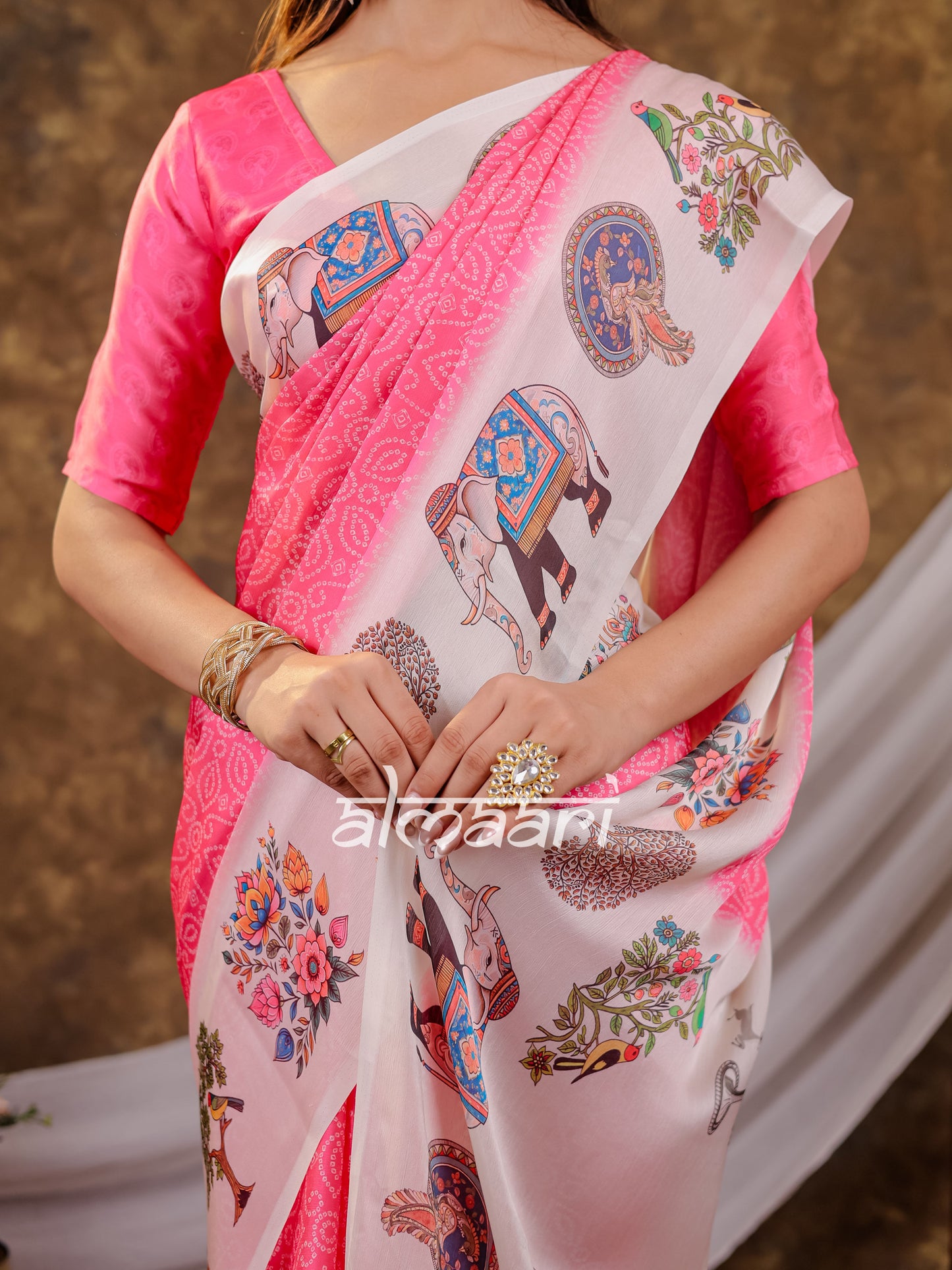 Vantara Pink Satin Chiffon Printed Saree with Royal Elephant & Peacock Heritage Print, Designer Tassel Pallu & Matching Blouse Piece