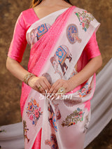 Vantara Pink Satin Chiffon Printed Saree with Royal Elephant & Peacock Heritage Print, Designer Tassel Pallu & Matching Blouse Piece