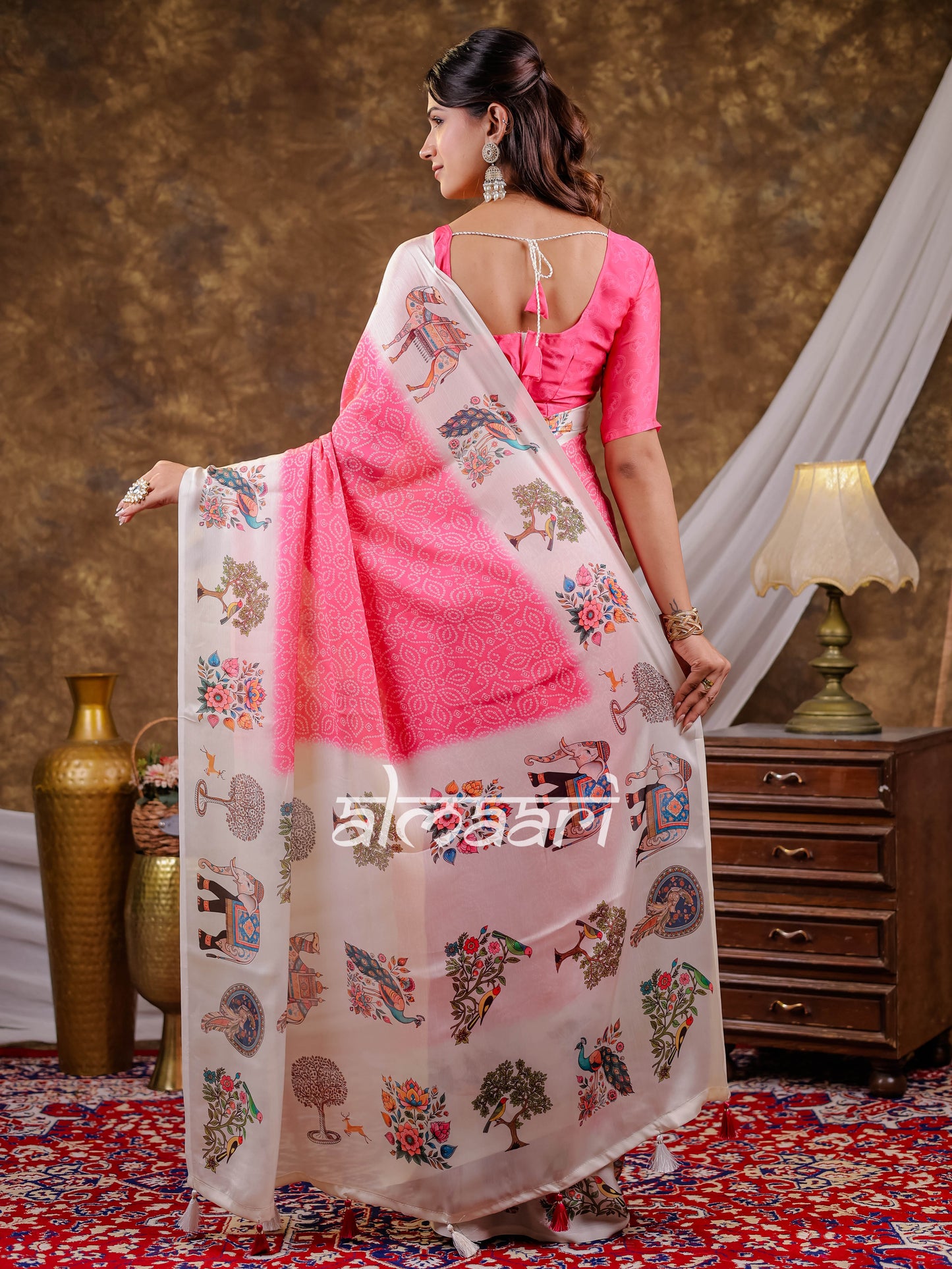 Vantara Pink Satin Chiffon Printed Saree with Royal Elephant & Peacock Heritage Print, Designer Tassel Pallu & Matching Blouse Piece