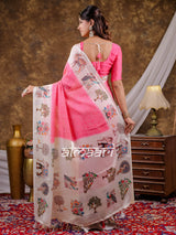 Vantara Pink Satin Chiffon Printed Saree with Royal Elephant & Peacock Heritage Print, Designer Tassel Pallu & Matching Blouse Piece