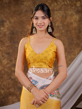 Vantara Mustard Yellow Satin Chiffon Printed Saree with Royal Elephant & Peacock Heritage Print, Designer Tassel Pallu & Matching Blouse Piece