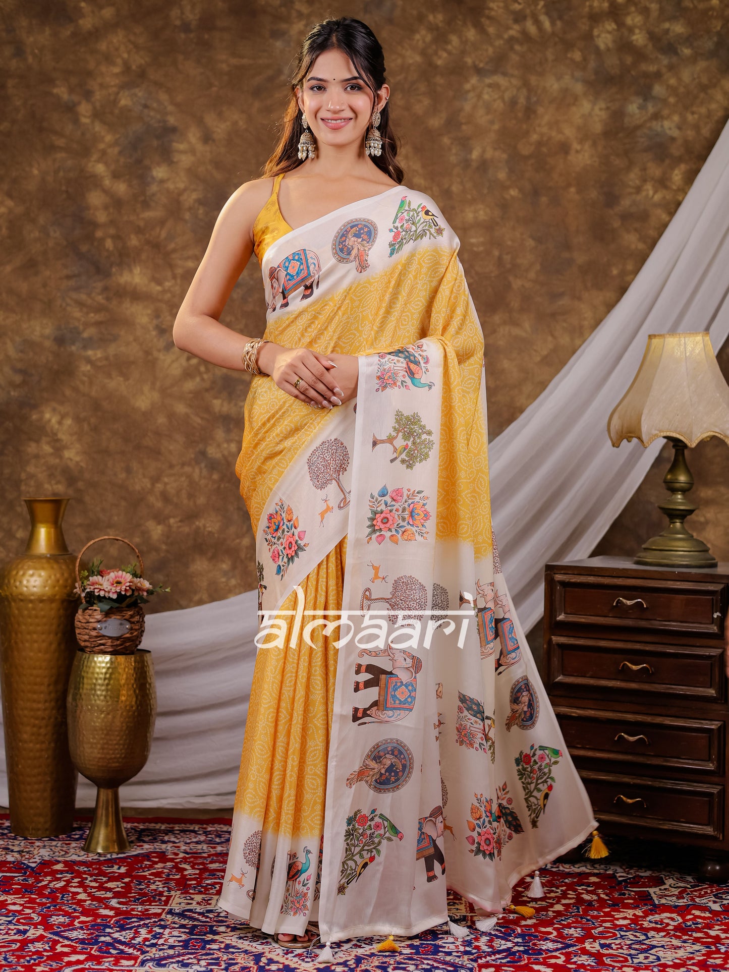 Vantara Mustard Yellow Satin Chiffon Printed Saree with Royal Elephant & Peacock Heritage Print, Designer Tassel Pallu & Matching Blouse Piece