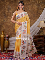 Vantara Mustard Yellow Satin Chiffon Printed Saree with Royal Elephant & Peacock Heritage Print, Designer Tassel Pallu & Matching Blouse Piece