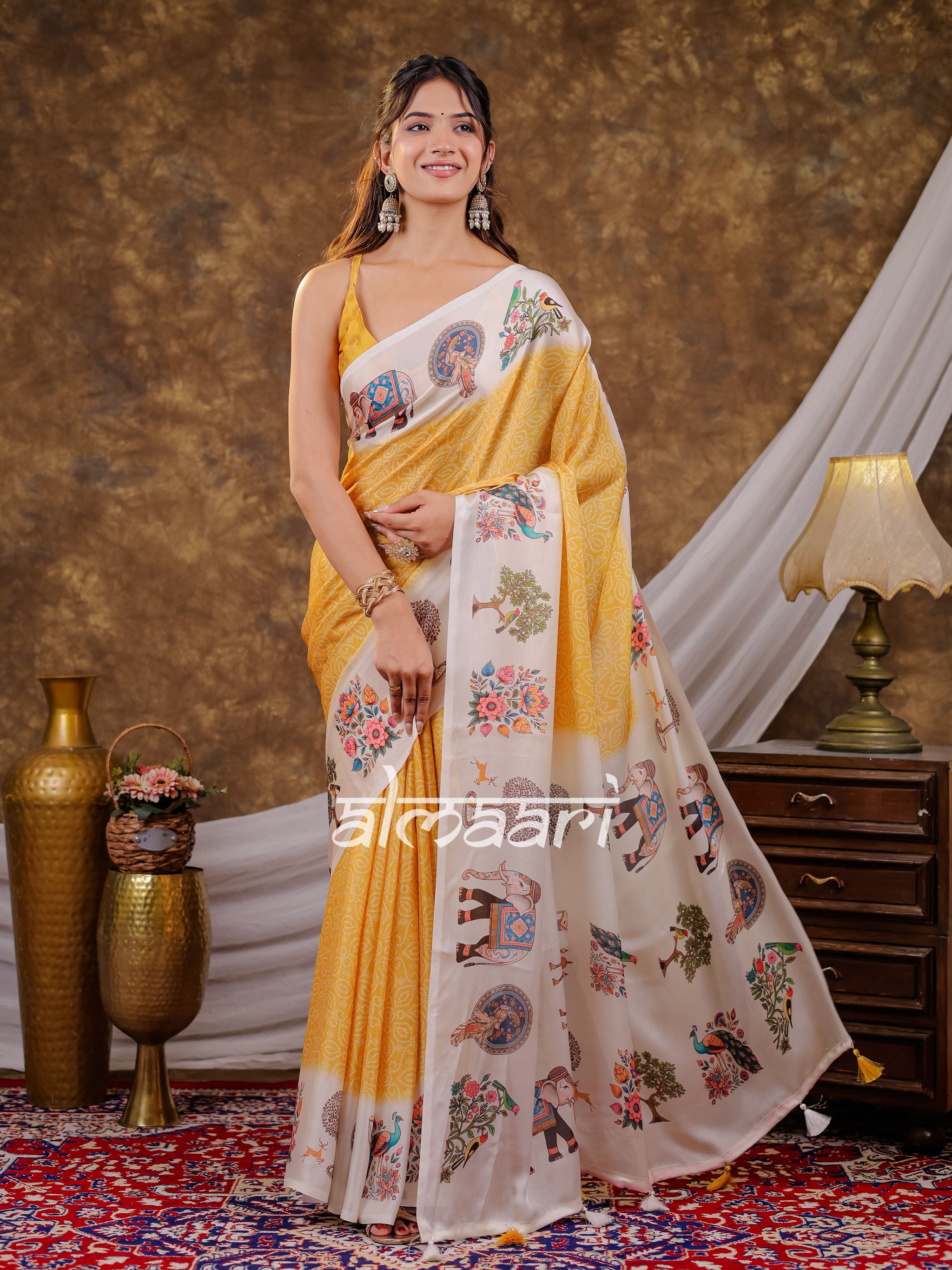 Vantara Mustard Yellow Satin Chiffon Printed Saree with Royal Elephant & Peacock Heritage Print, Designer Tassel Pallu & Matching Blouse Piece