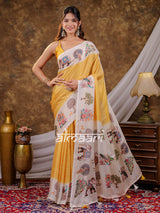 Vantara Mustard Yellow Satin Chiffon Printed Saree with Royal Elephant & Peacock Heritage Print, Designer Tassel Pallu & Matching Blouse Piece