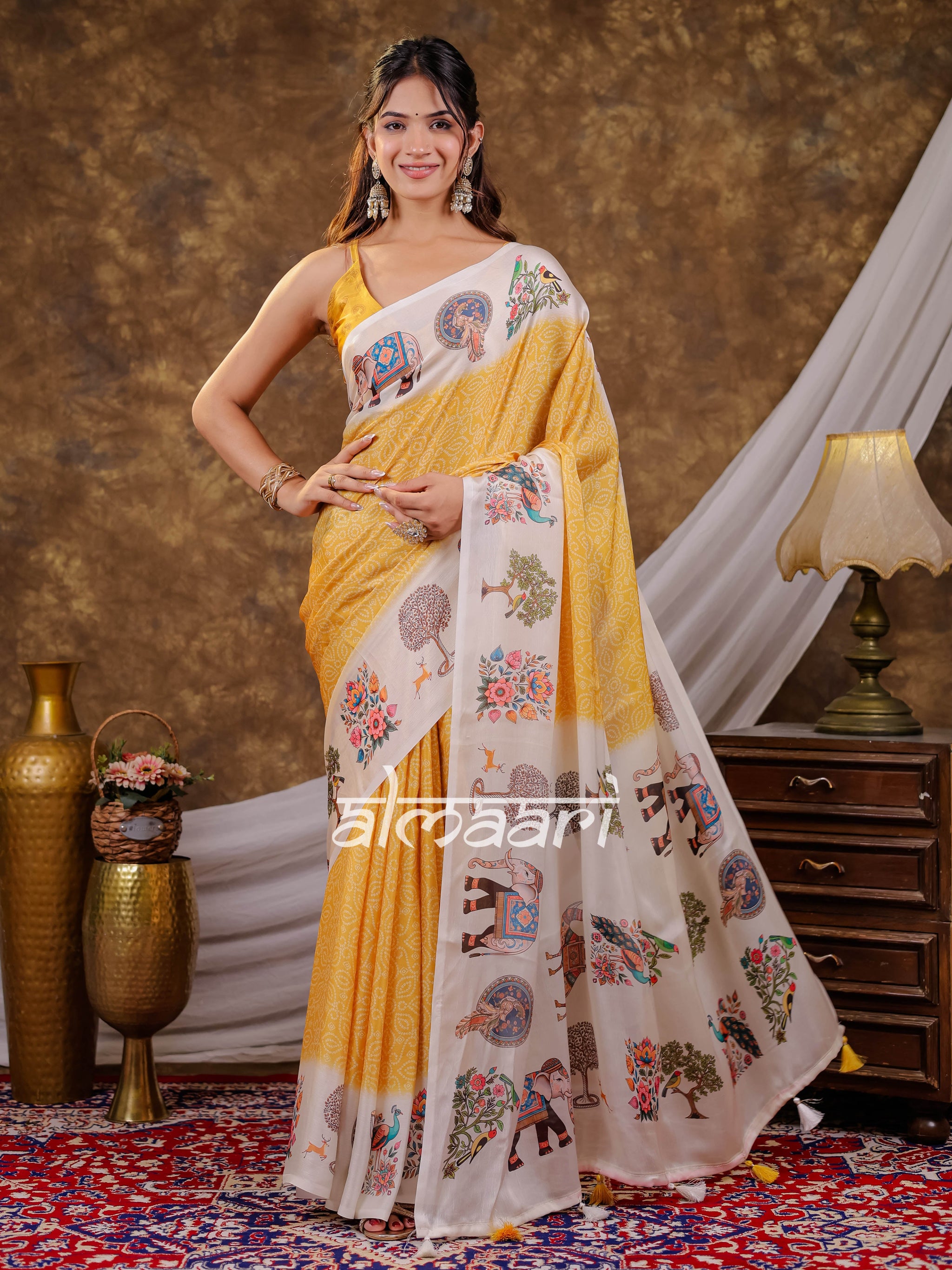 Vantara Mustard Yellow Satin Chiffon Printed Saree with Royal Elephant & Peacock Heritage Print, Designer Tassel Pallu & Matching Blouse Piece