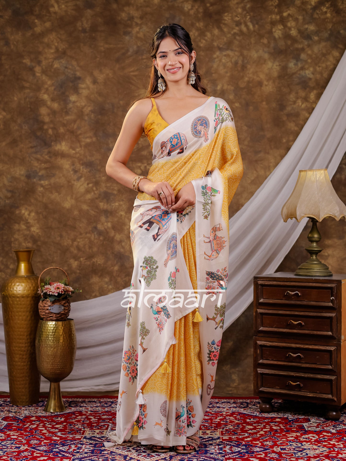 Vantara Mustard Yellow Satin Chiffon Printed Saree with Royal Elephant & Peacock Heritage Print, Designer Tassel Pallu & Matching Blouse Piece