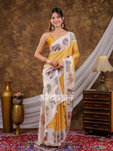 Vantara Mustard Yellow Satin Chiffon Printed Saree with Royal Elephant & Peacock Heritage Print, Designer Tassel Pallu & Matching Blouse Piece