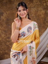 Vantara Mustard Yellow Satin Chiffon Printed Saree with Royal Elephant & Peacock Heritage Print, Designer Tassel Pallu & Matching Blouse Piece