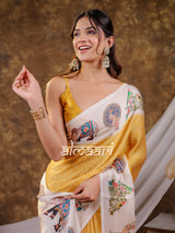 Vantara Mustard Yellow Satin Chiffon Printed Saree with Royal Elephant & Peacock Heritage Print, Designer Tassel Pallu & Matching Blouse Piece