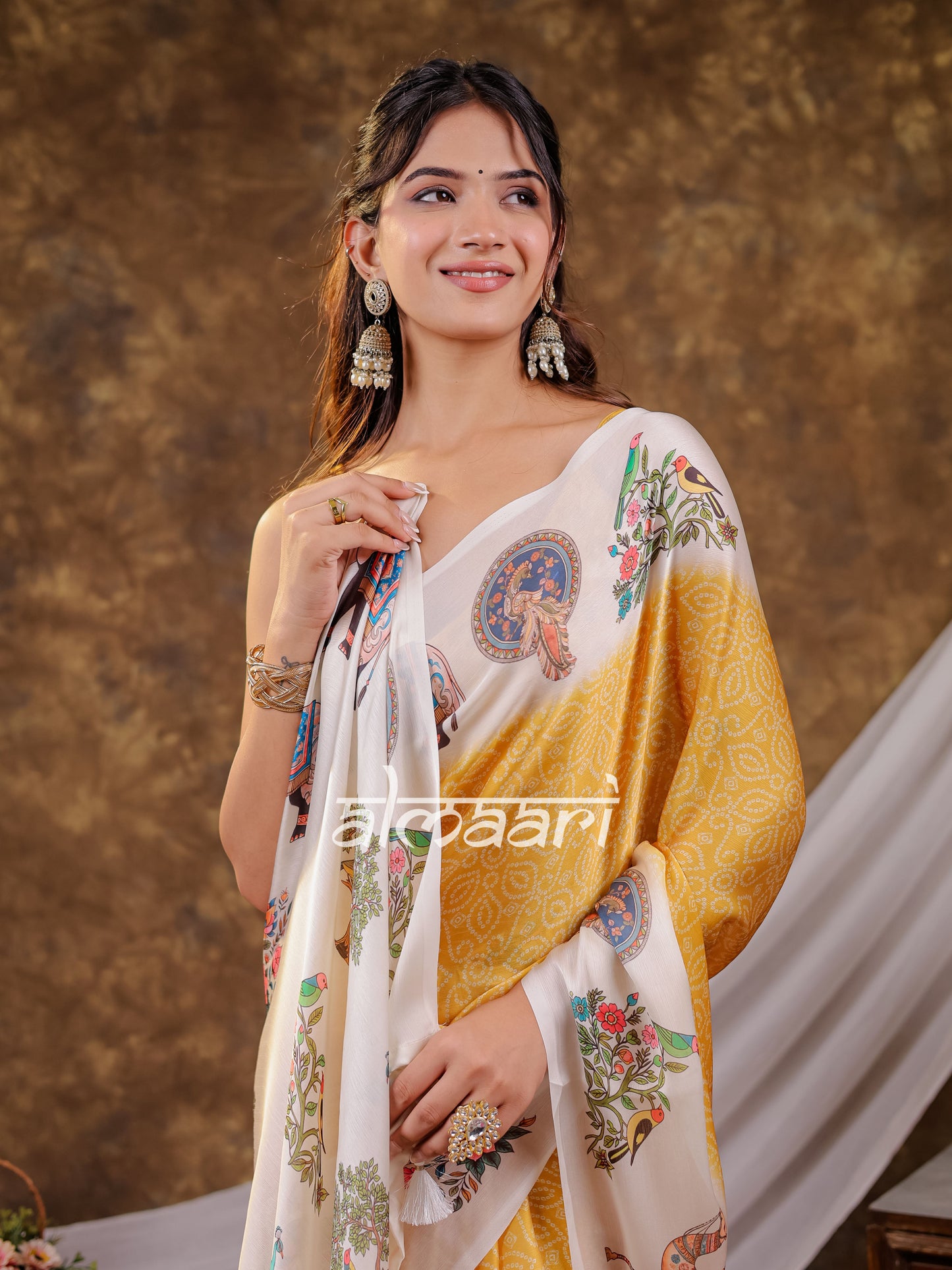 Vantara Mustard Yellow Satin Chiffon Printed Saree with Royal Elephant & Peacock Heritage Print, Designer Tassel Pallu & Matching Blouse Piece