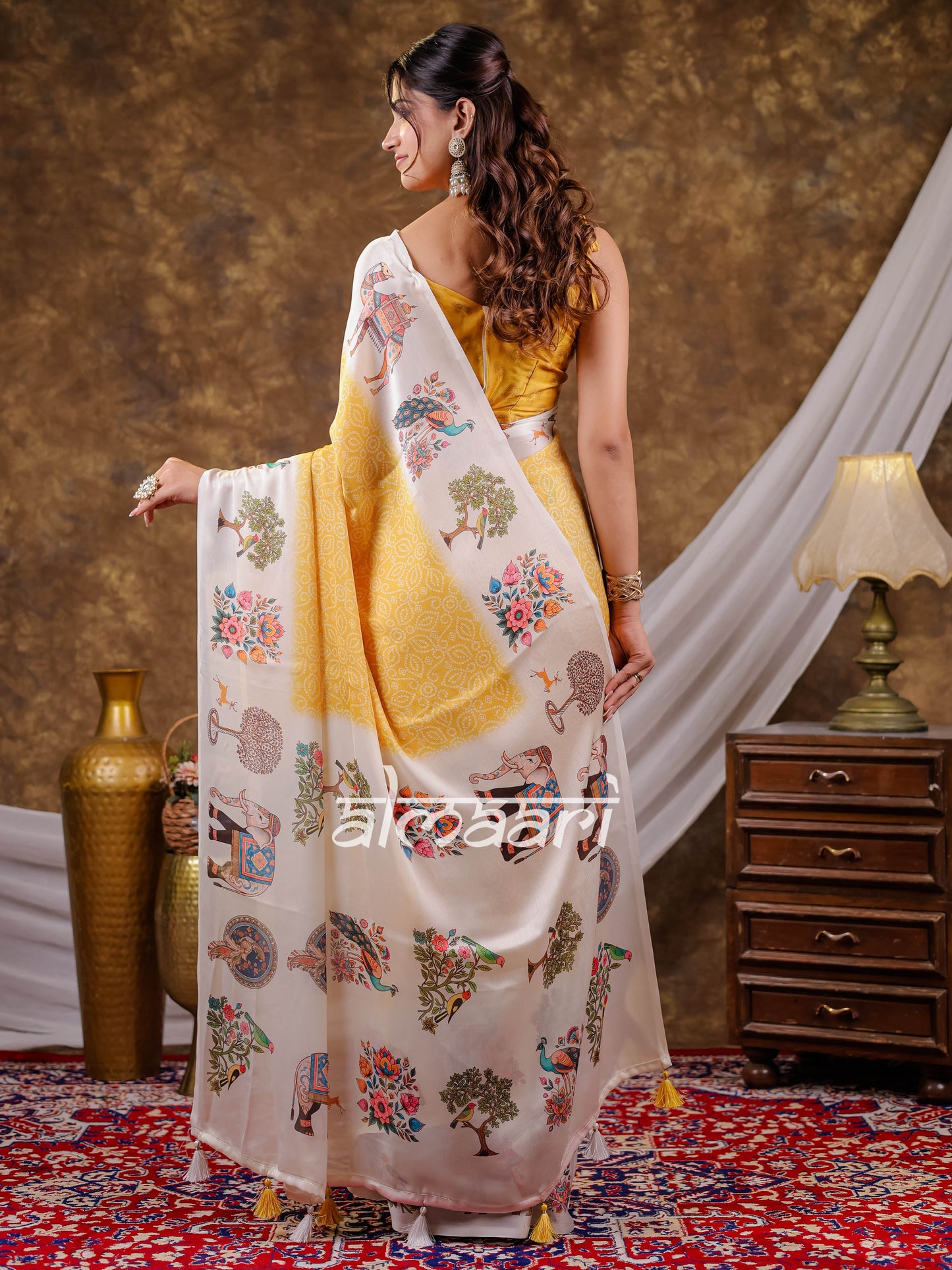 Vantara Mustard Yellow Satin Chiffon Printed Saree with Royal Elephant & Peacock Heritage Print, Designer Tassel Pallu & Matching Blouse Piece