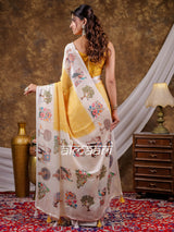 Vantara Mustard Yellow Satin Chiffon Printed Saree with Royal Elephant & Peacock Heritage Print, Designer Tassel Pallu & Matching Blouse Piece