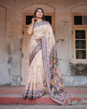 Designer beige saree with contrast black pallu exquisite ethnic patterns mameraa