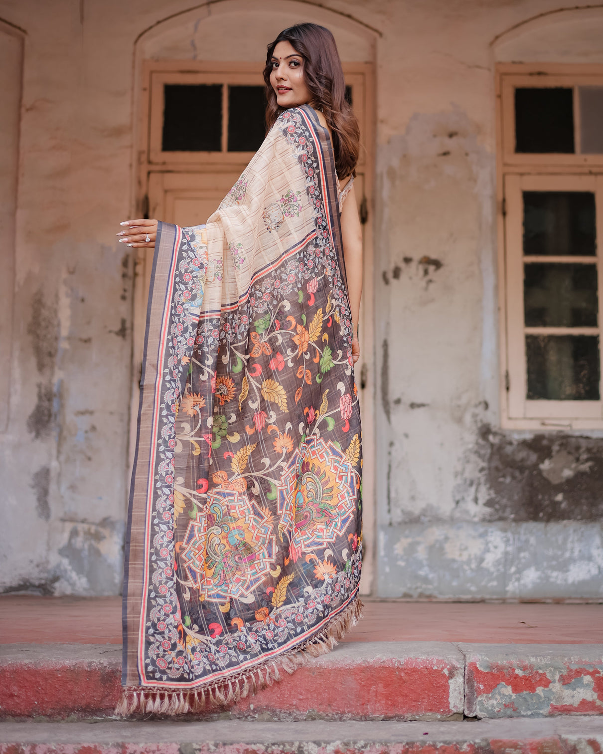 Designer beige saree with contrast black pallu exquisite ethnic patterns