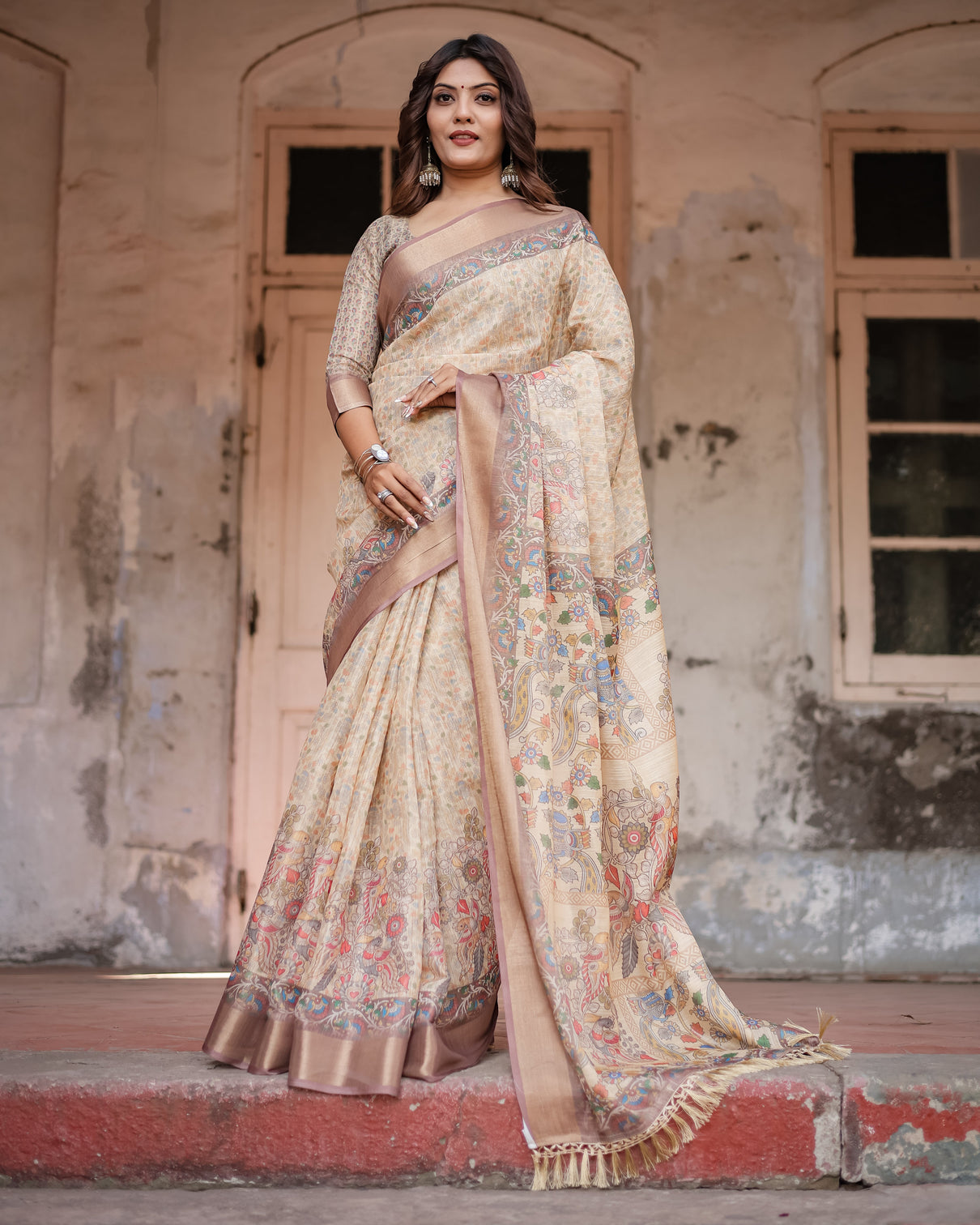 Luxurious off white silk saree with gold accents artistic detailing timeless fashion mameraa
