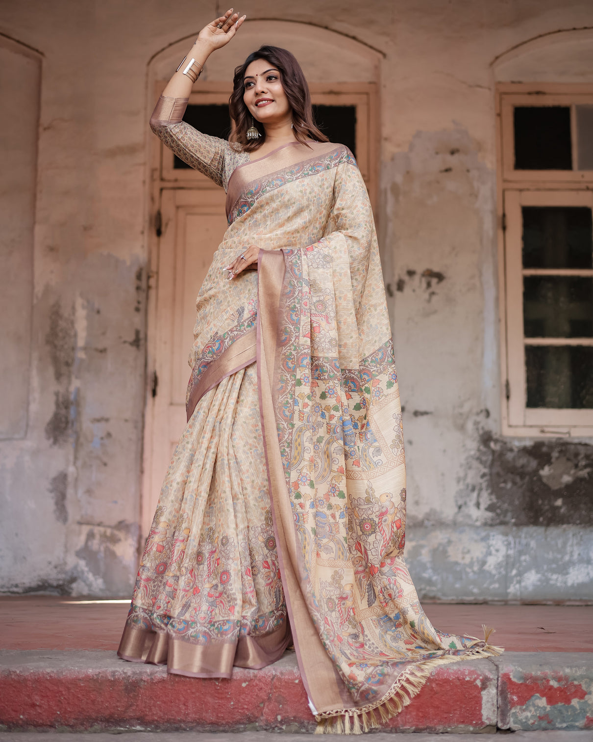 Luxurious off white silk saree with gold accents artistic detailing timeless fashion