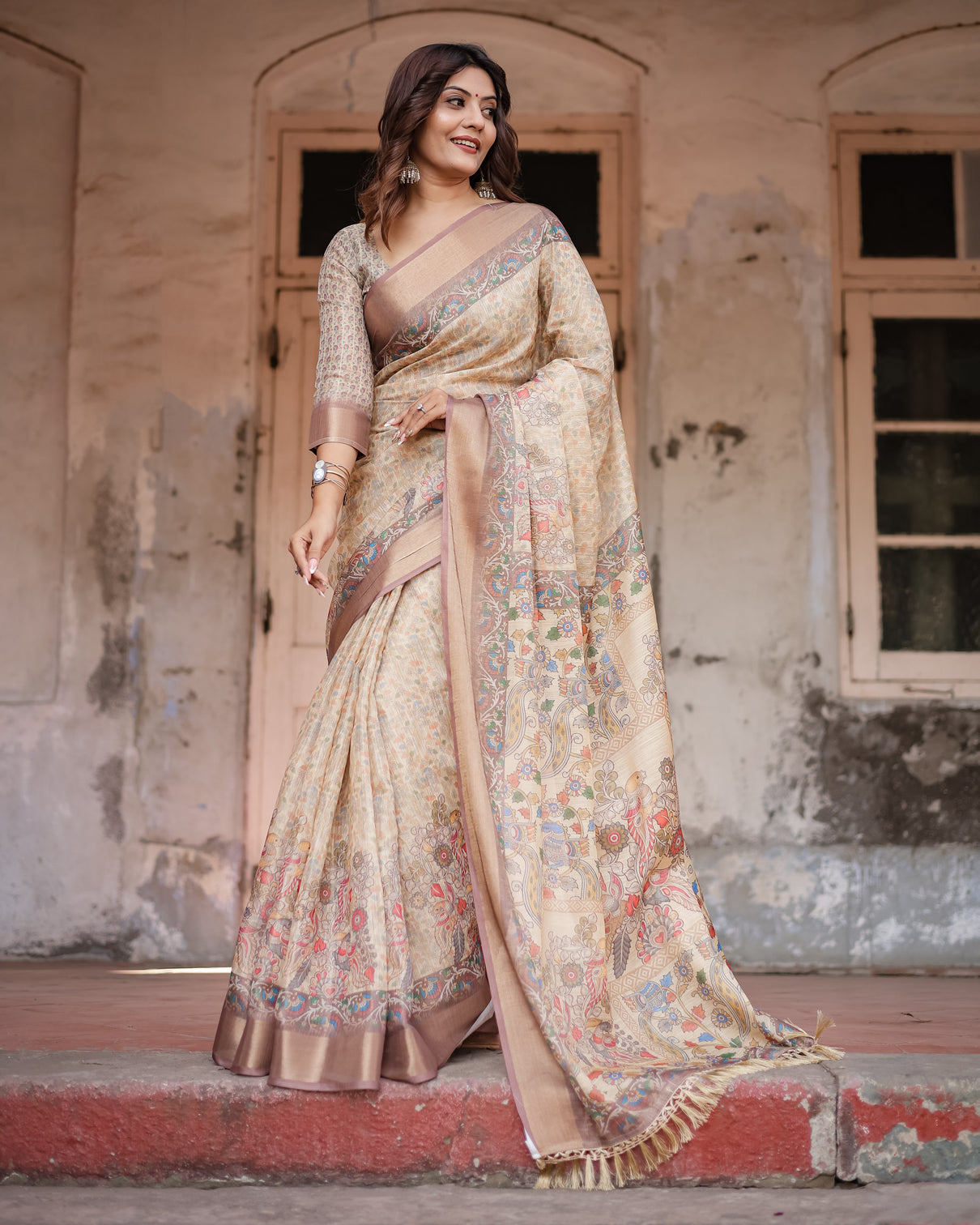 Luxurious off white silk saree with gold accents artistic detailing timeless fashion