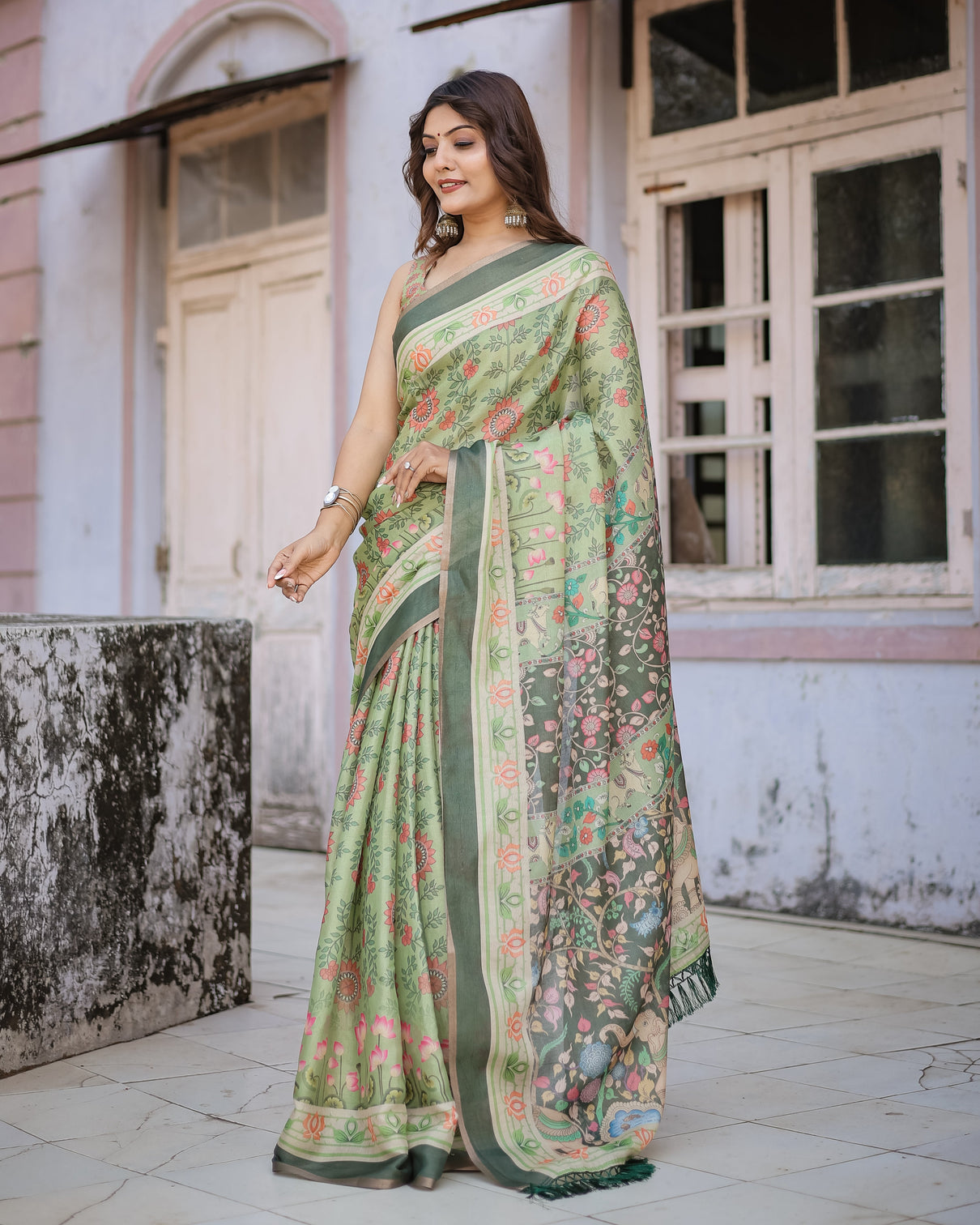 Graceful green beige saree with exquisite floral prints perfect for weddings festive wear