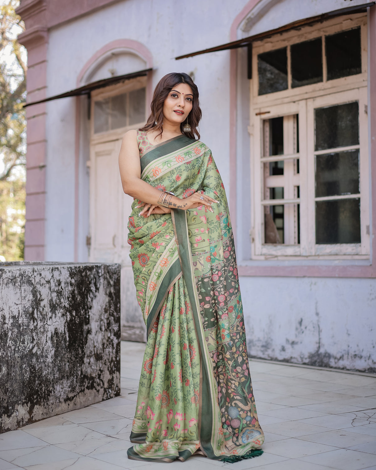 Graceful green beige saree with exquisite floral prints perfect for weddings festive wear