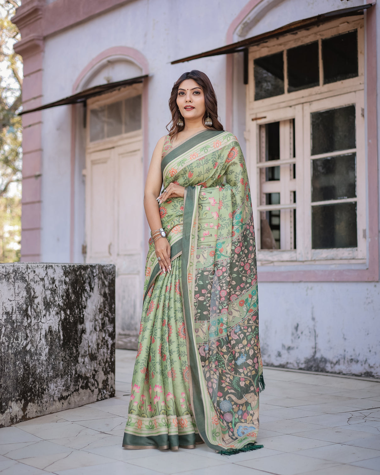 Graceful green beige saree with exquisite floral prints perfect for weddings festive wear mameraa