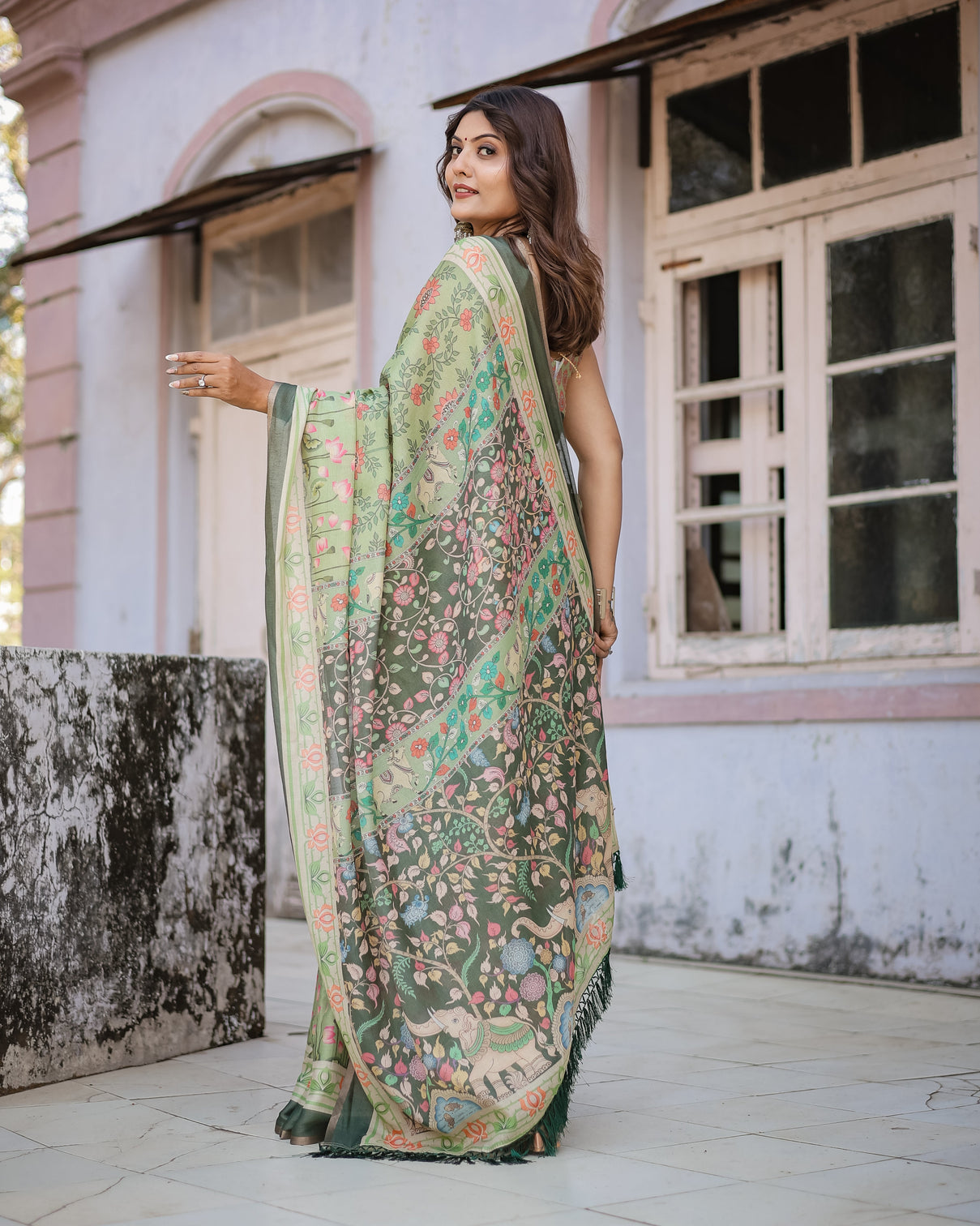 Graceful green beige saree with exquisite floral prints perfect for weddings festive wear