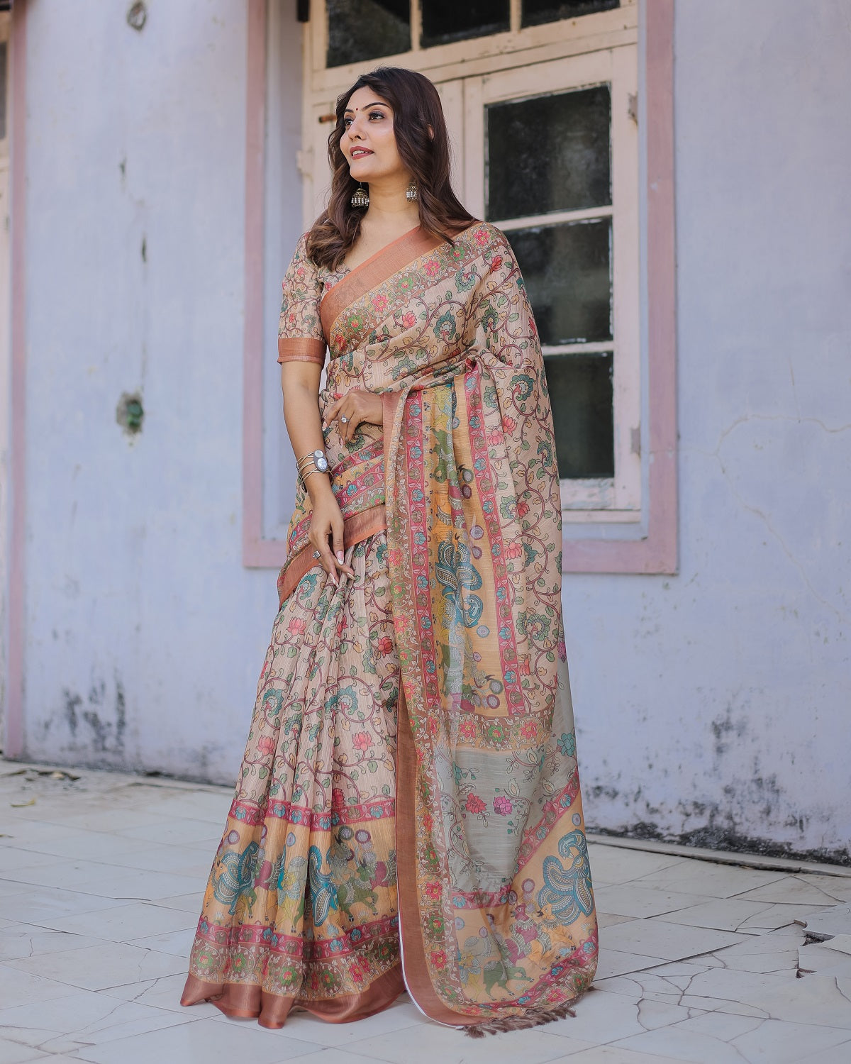 Printed Multicolor Linen Saree for Women with Multicolor Pallu and Ethnic Border – Lightweight Casual Wear