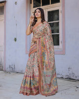 Printed Multicolor Linen Saree for Women with Multicolor Pallu and Ethnic Border – Lightweight Casual Wear