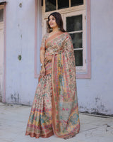 Printed Multicolor Linen Saree for Women with Multicolor Pallu and Ethnic Border – Lightweight Casual Wear