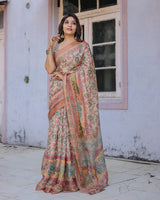 Printed Multicolor Linen Saree for Women with Multicolor Pallu and Ethnic Border – Lightweight Casual Wear