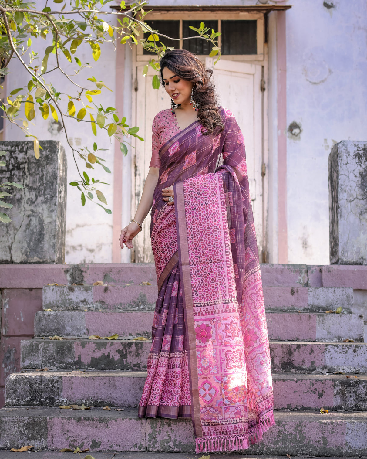 Elegant multicolor linen saree with traditional patterns lightweight festive wear