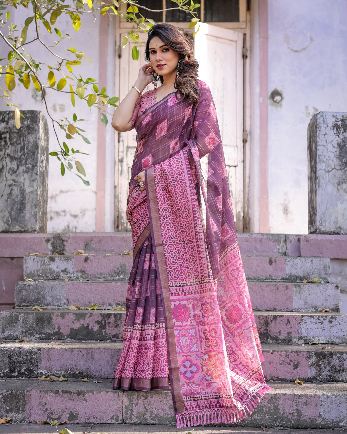 Elegant multicolor linen saree with traditional patterns lightweight festive wear