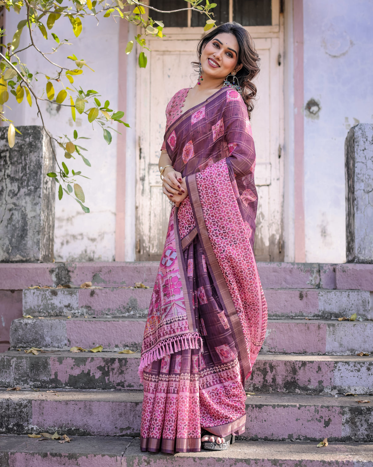 Elegant multicolor linen saree with traditional patterns lightweight festive wear