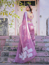Elegant Mauve Linen Saree with White Lotus Print & Silver Zari Border